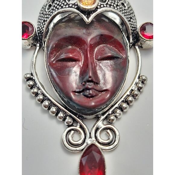 Sterling Silver Bali Goddess Pendant Necklace with Garnet Stones, Red - Picture 6 of 8